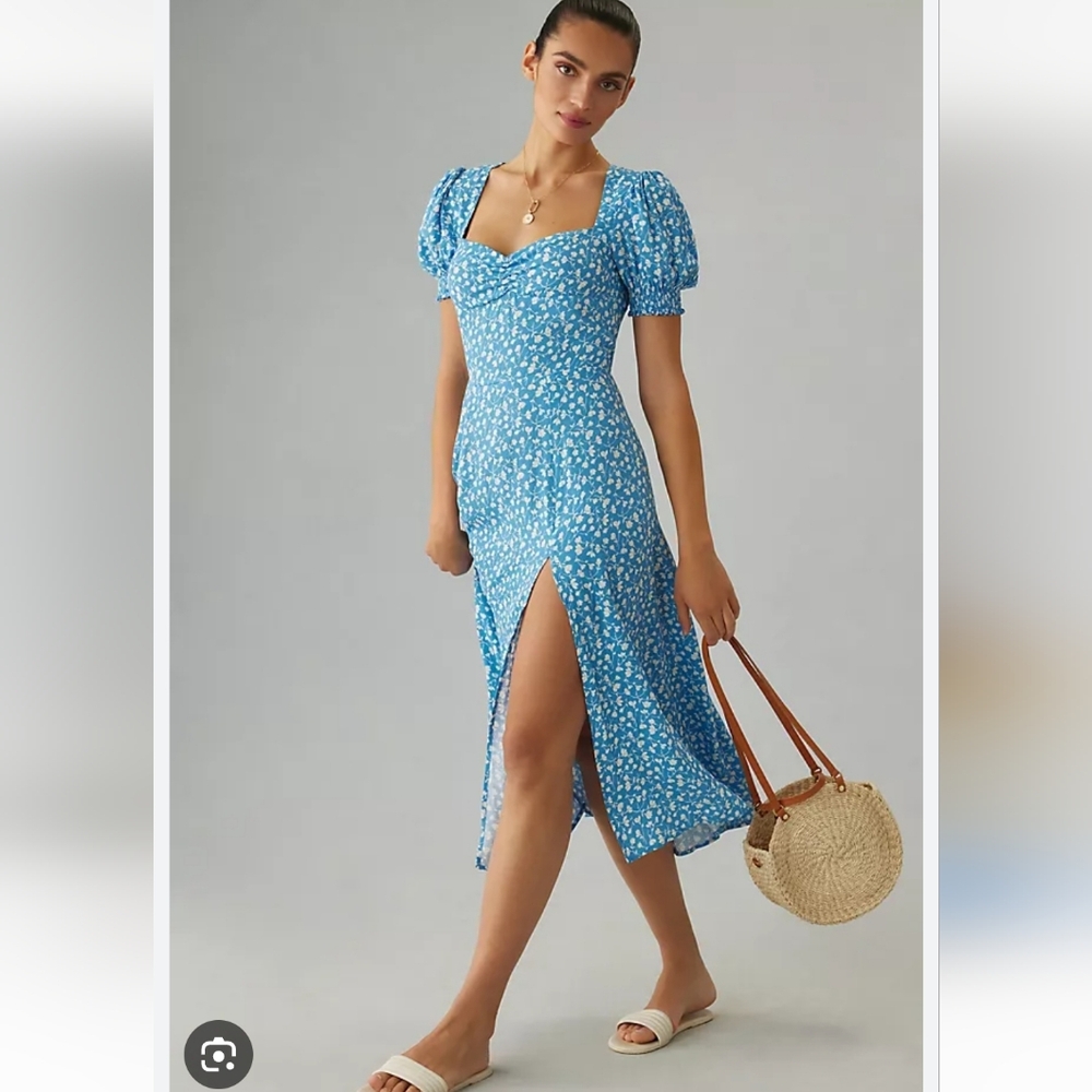 Reformation Lacey Blue and White Floral  Puff Sleeve Midi Dress, Size XS